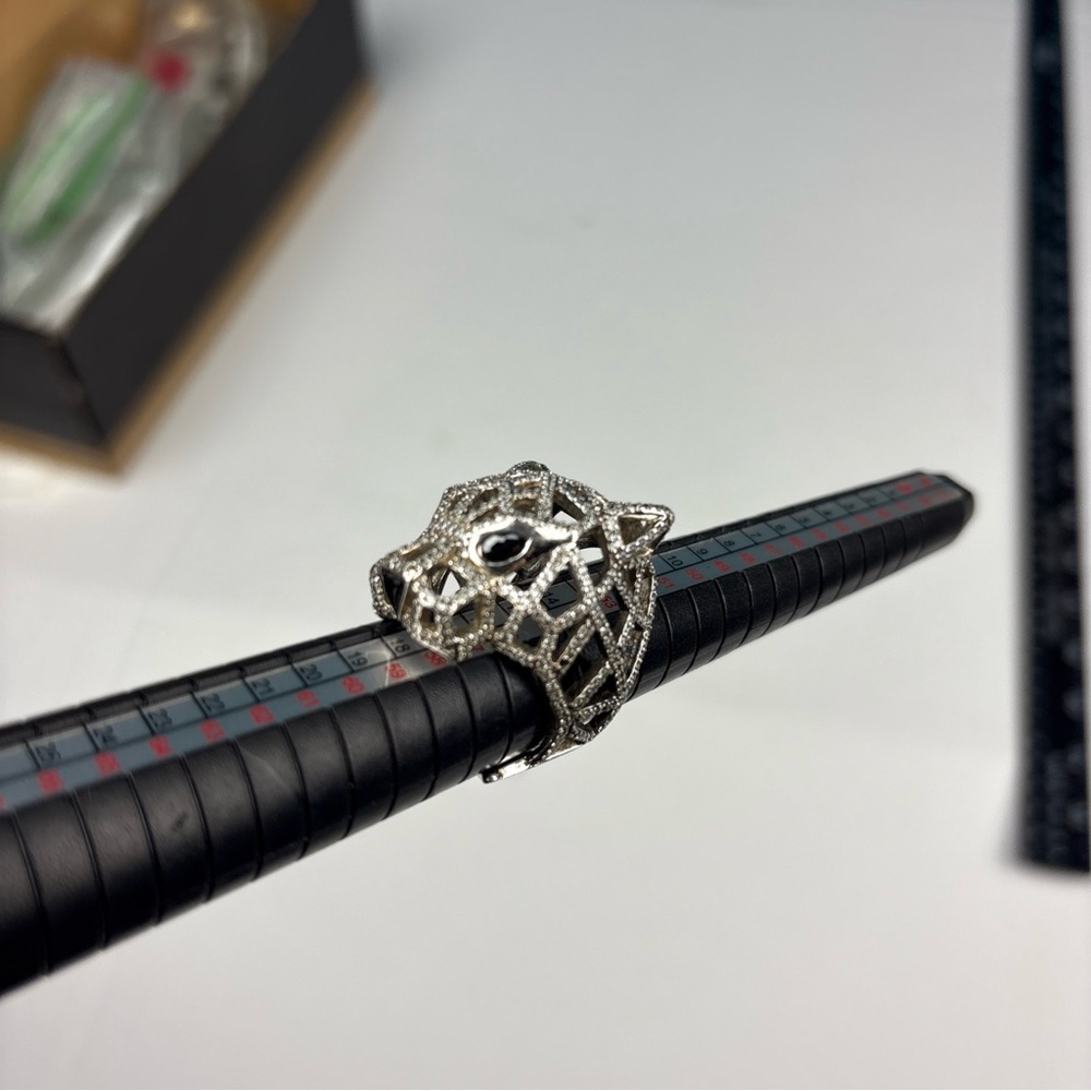 Cheetah Jaguar Ring Size 7 Jeweled Black Eyes Clear Rhinestones Silver Tone